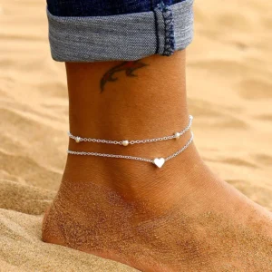 Bracelet de Cheville Double Chaîne Cœur LETAPI – Chevillère Or ou Argent pour Femme