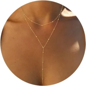 Collier en Y Plaqué Or 14 Carats ou Argent – Chaîne de Perles Superposées pour Femme