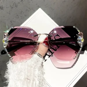 Lunettes de Soleil Sans bordure pour Femme – Métal, Strass, Verres Dégradés UV400