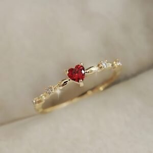 Bague Cœur Rouge en Zirconium Synthétique – Bague Élégante pour Femme, Fiançailles, Mariage & Cadeau Romantique