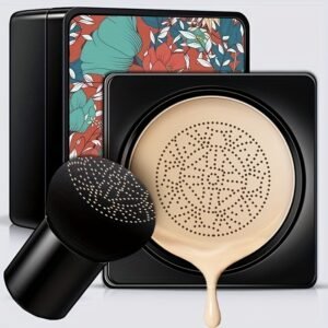 BB Cream Fond de Teint Tête de Champignon – Couverture Complète, Correcteur Hydratant Longue Tenue | Finition Naturelle Nude, Maquillage Waterproof pour Tous Types de Peau | Éponge Champignon & Emballage Floral Artistique