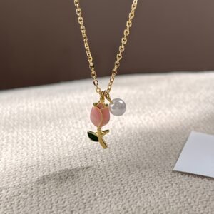 Collier Tulipe avec Perles d'Imitation – Collier de Clavicule Élégant Style Japonais & Coréen pour Femme