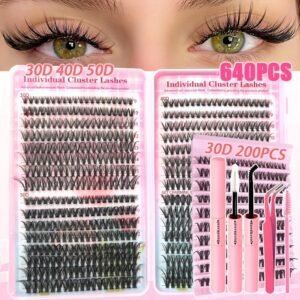Kit d’Extensions de Cils 200/640 Pièces | Clusters Individuels 9 à 16 mm avec Scellant et Pinceau